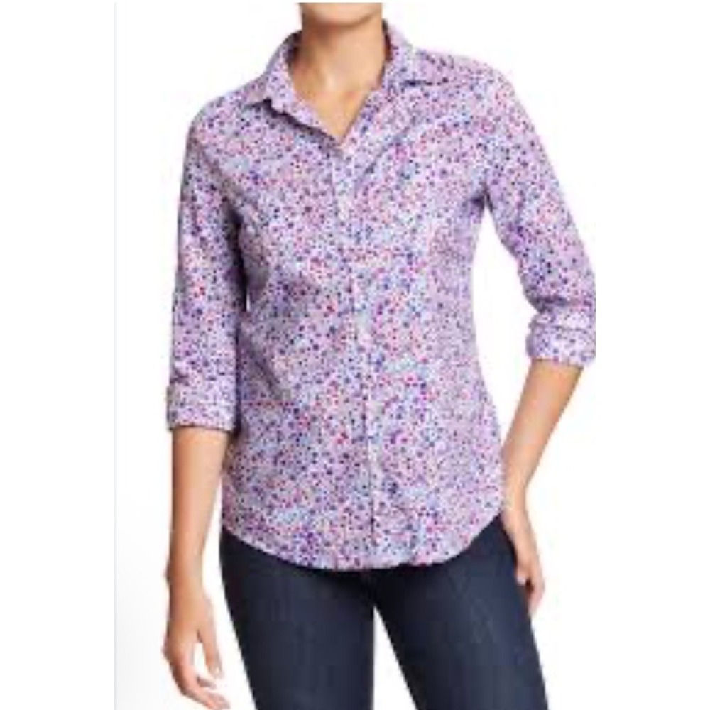 J Jill Button Up Top Womens L Ditsy Floral 100% Cotton Blouse Cottage Peasant